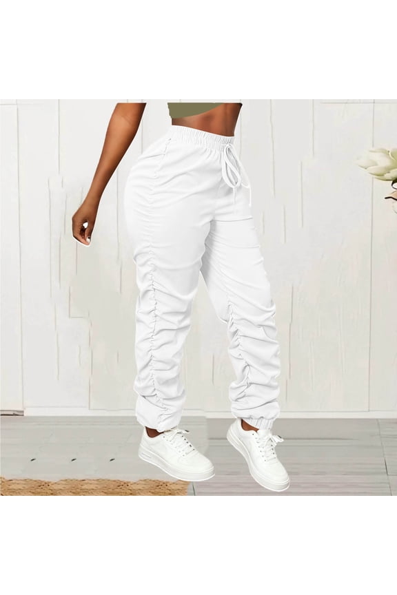 Juslio Women Pants Comfortable Ruched Bottom Cargo Pants High Waist High Elastic Casual Straight Pants