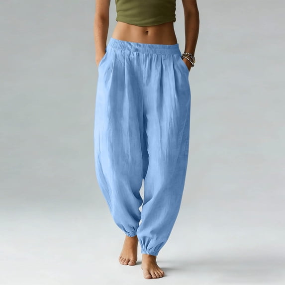 Juslio Women Pants Elastic Waist with Pockets Linen High,Waist Casual Pleated Joggers Pants S