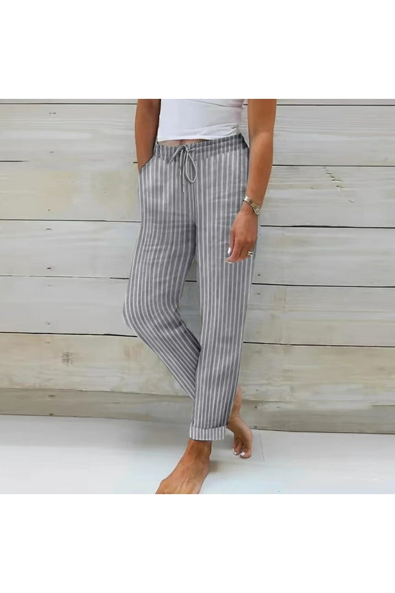 Women Pants High Waist Drawstring Casual Elastic Waist Linen Straight Leg Pants M