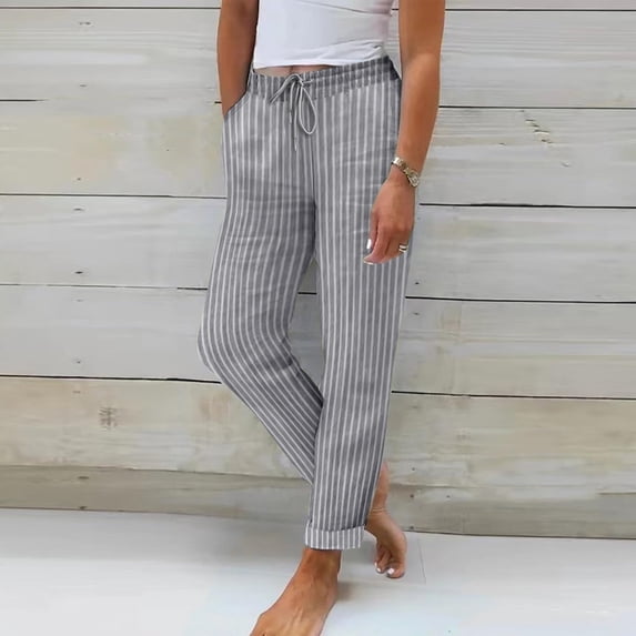 Juslio Women Pants High Waist Drawstring Casual Elastic Waist Linen Straight Leg Pants M