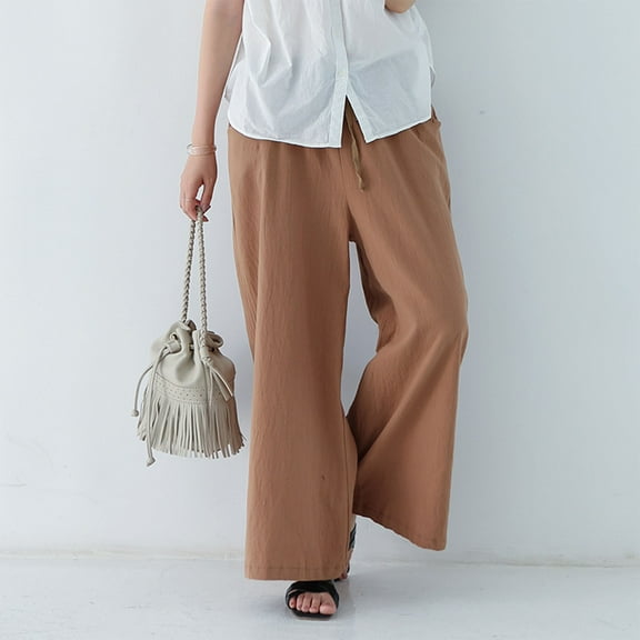 Juslio Women Pants High Waist Khakis Casual Elastic Waist Linen Wide Leg Straight Leg Pants L