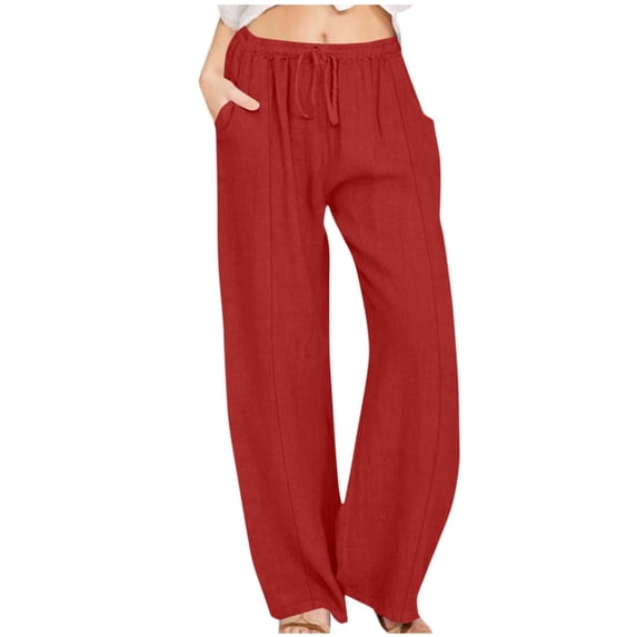 Juslio Women Pants High Waist with Pockets Elastic Waist Plus,Size Linen Straight Leg Pants 3XL