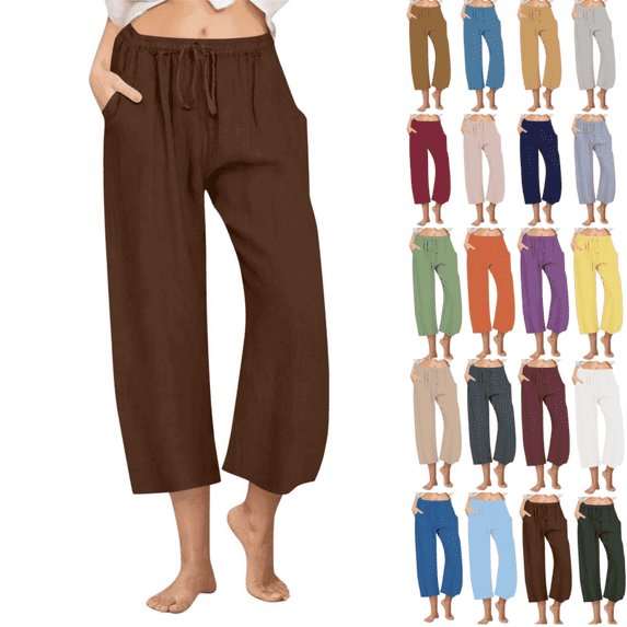 Juslio Womens Pants Loose Elastic Waist Drawstring Wide Leg Capris Linen Capris