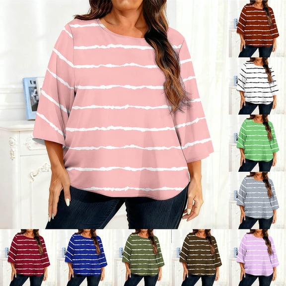 Juslio Women Plus Size 3/4 Sleeve Shirts Crew Neck Comfortable Loose Pink Striped Tops