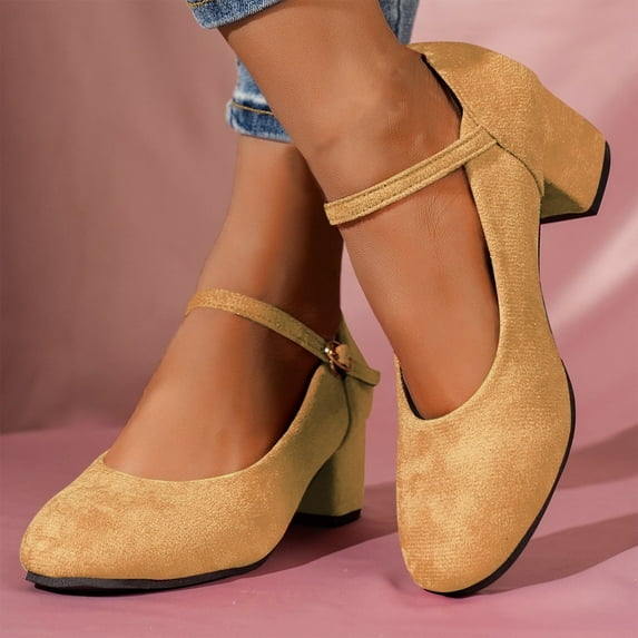 Juslio Women Shoes Solid Color Medium Heeled and Thick Heeled Shoes With A Straight Buckle and Shallow Mouth Suede for Women