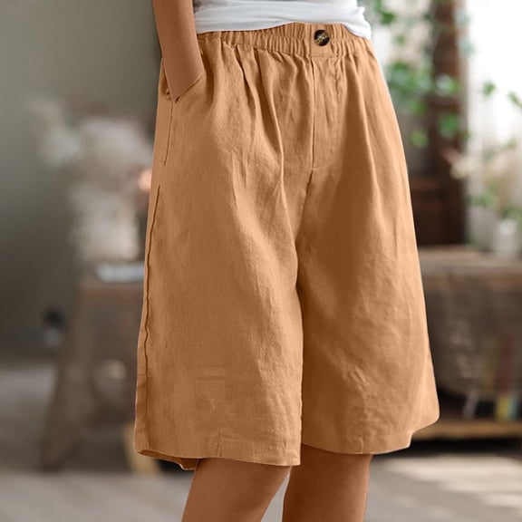 Juslio Women Shorts Elastic Waist Solid Casual Pockets Loose Comfy Cotton Linen Athletic Shorts Women