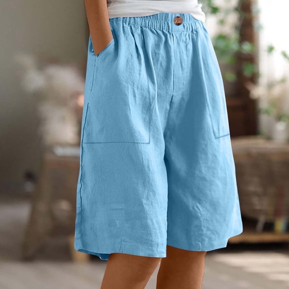 Juslio Women Shorts Straight Leg Loose Comfy Cotton Linen Solid Casual Pockets Athletic Shorts Women
