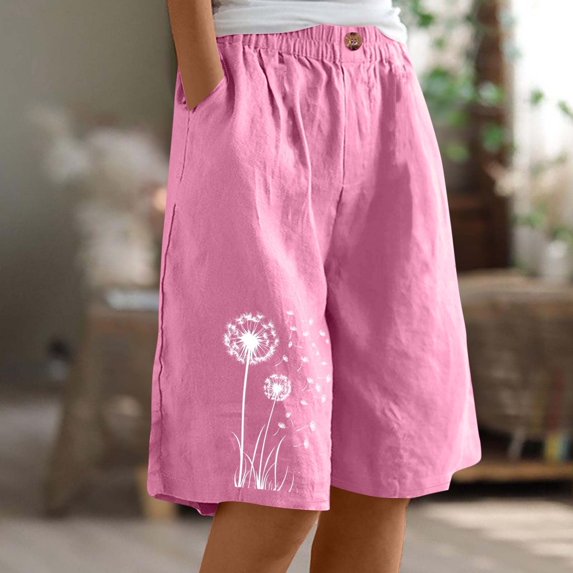 Juslio Women Shorts Straight Leg Pockets Loose Comfy Cotton Linen Print Casual Athletic Shorts Women