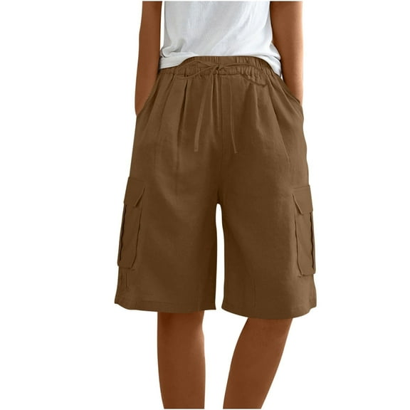 Juslio Women Shorts Straight Leg Solid Casual Pockets Loose Comfy Cotton Linen Athletic Shorts Women