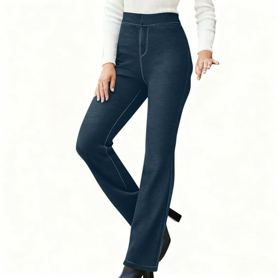 Juslio Women Jeans Stretchy Faux Jean Flare Jeans High Waist Pocket Casual Dark Blue Jeans