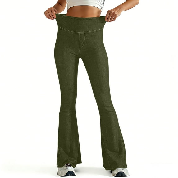 Juslio Women Jeans Stretchy Faux Jean Flare Jeans Pocket Casual High Waist Army Green Jeans