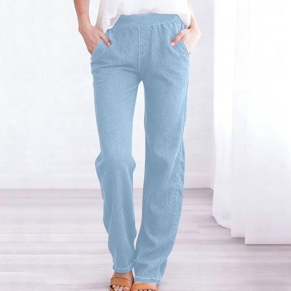 Juslio Women Stretchy Straight Faux Jeans Casual Drop Waist Pocket Light Blue Jeans