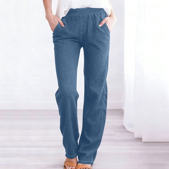 Juslio Women Stretchy Straight Faux Jeans Pocket Casual Drop Waist Blue Jeans