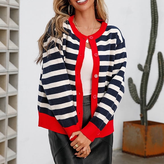 Juslio Women Sweaters Cardigans Outerwear Striped Crew Neck Knit Fashion Red