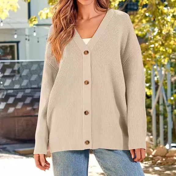 Juslio Women Sweaters Cardigans Outerwear Sweaters V Neck Casual Button Khaki