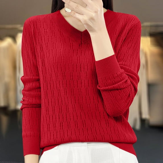 Juslio Women Sweaters Pullovers Sweaters Solid V Neck Knit Fashion Red