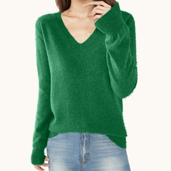 Juslio Women Sweaters Pullovers Tops for Women Solid V Neck Long Sleeve Knit Green