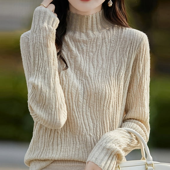 Juslio Women Sweaters Pullovers Turtlenecks Solid High Neck Knit Fashion Beige