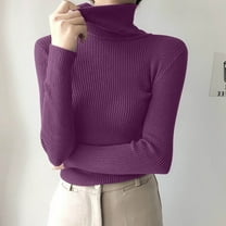Juslio Women Sweaters Pullovers Turtlenecks Solid High Neck Long Sleeve Knit Purple