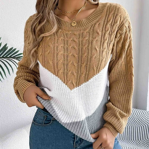 Juslio Women Sweaters Pullovers Women Tops Color Block Crew Neck Knit Fashion Khaki