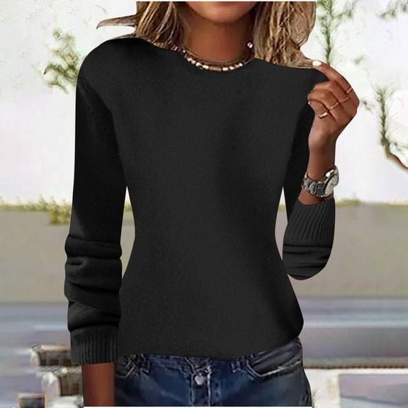 Juslio Women Sweaters Pullovers Women Tops Solid Crew Neck Long Sleeve Knit Black