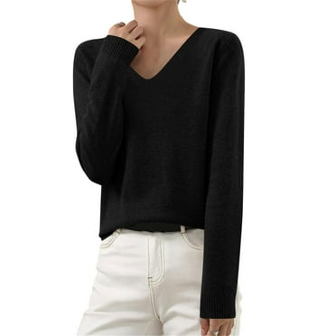 Juslio Women Sweaters Pullovers Womens Tops Sweaters V Neck Long Sleeve Knit Black