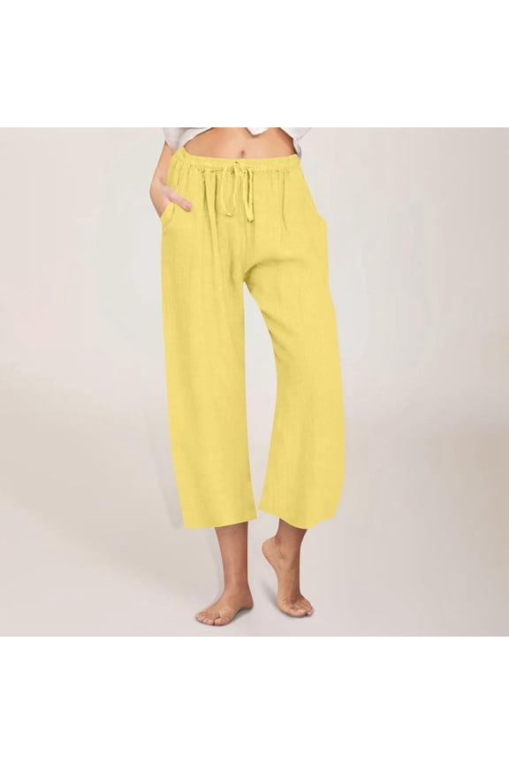 Linen Pants Women Drawstring Wide Leg Capris Loose Elastic Waist Linen Capris