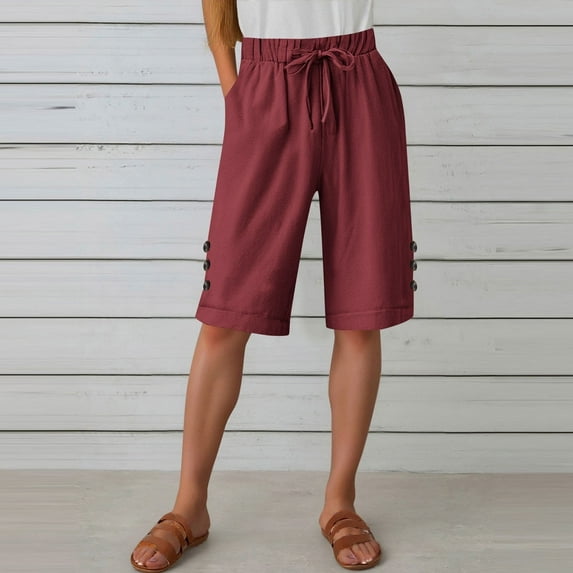 Juslio Women's Shorts Drawstring Casual Pockets Loose Comfy Cotton Linen Solid Shorts Women