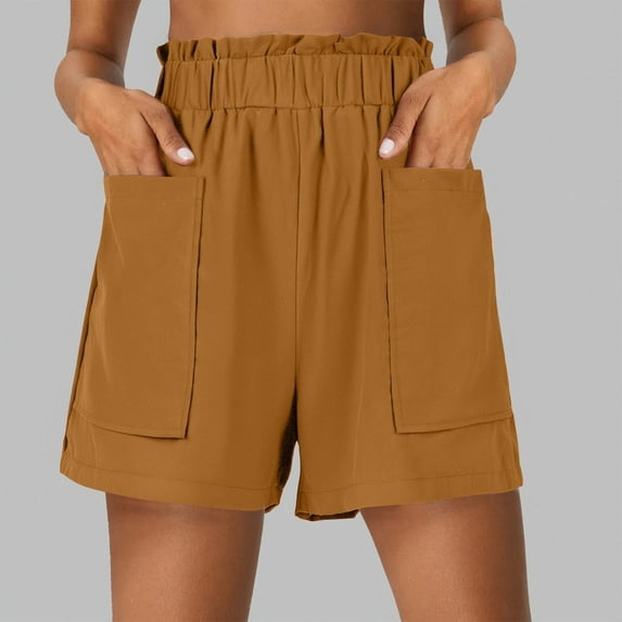 Juslio Women's Shorts High Waist Cotton Linen Solid Casual Pockets Loose Comfy Shorts Women