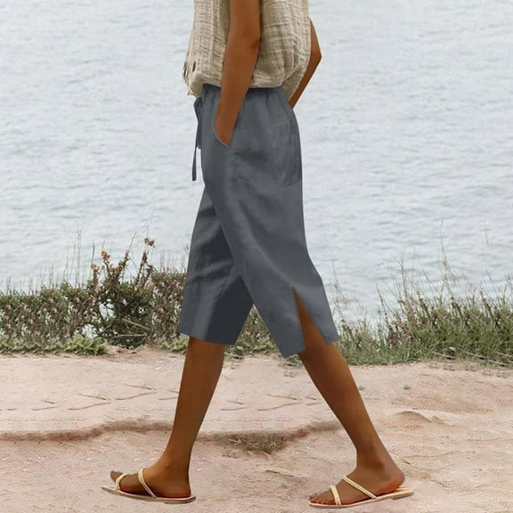 Juslio Women's Shorts Straight Leg Cotton Linen Solid Casual Pockets Loose Comfy Shorts Women