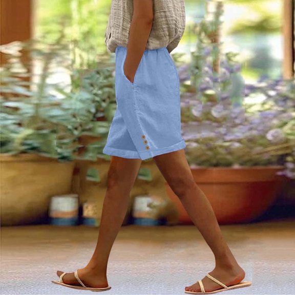 Juslio Women's Shorts Straight Leg Loose Comfy Cotton Linen Buttons Casual Pockets Shorts Women