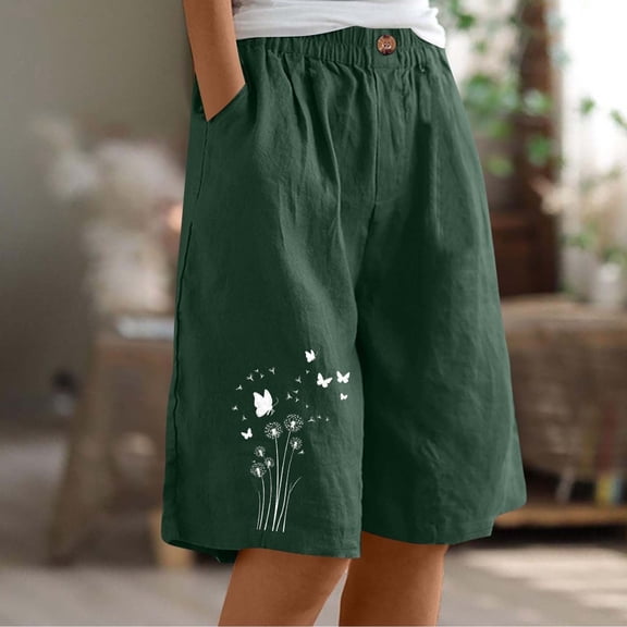 Juslio Women's Shorts Straight Leg Print Casual Pockets Loose Comfy Cotton Linen Shorts Women
