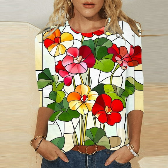 Juslio Womens Blouse 3/4 Sleeve Shirts Flowers Tops Crew Neck Casual Blouses Multicolor L