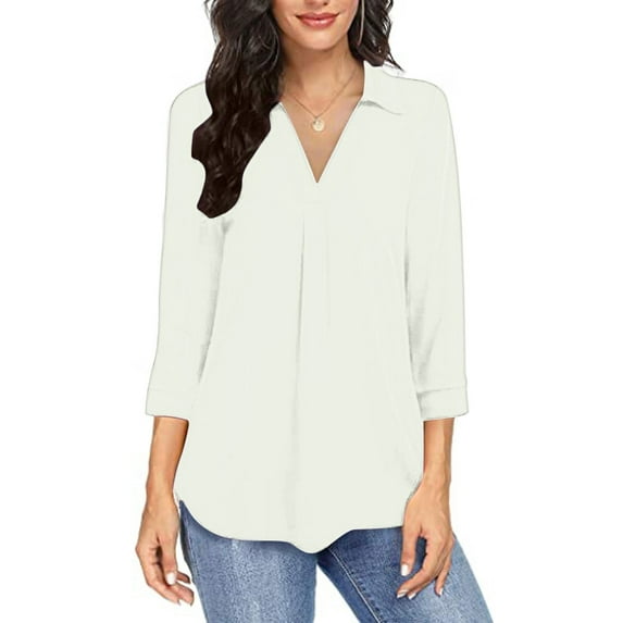 Juslio Womens Blouse 3/4 Sleeve Shirts Solid Color V Neck Casual Blouses White XXL(US:12)