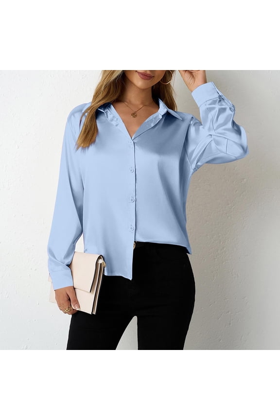 Juslio Womens Blouse Long Sleeve Plus Size Button Down Shirts Satin V Neck Business Work Blouses Tops S