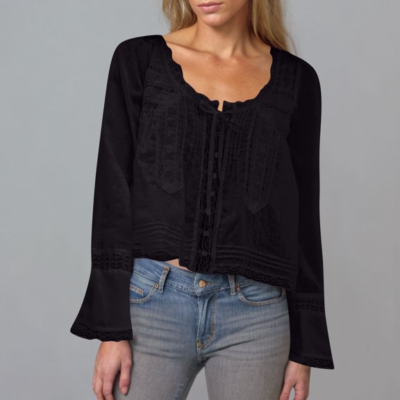 Juslio Womens Blouse Long Sleeve Shirts Plus Size Button Tops V Neck Casual Blouses Black L