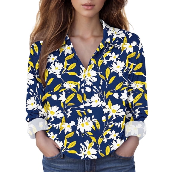 Juslio Womens Blouse Long Sleeve Shirts Plus Size Button Tops V-Neck Casual Blouses Multicolor XXL