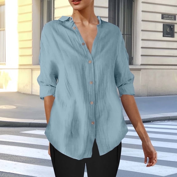 Juslio Womens Blouse Long Sleeve Shirts Plus Size Button Tops V Neck Casual Blouses Blue XXXXL
