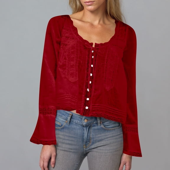 Juslio Womens Blouse Long Sleeve Shirts Plus Size Button Tops V Neck Casual Blouses Red M