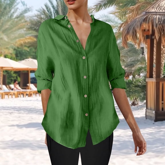 Juslio Womens Blouse Long Sleeve Shirts Plus Size Button Tops V Neck Casual Blouses Green L