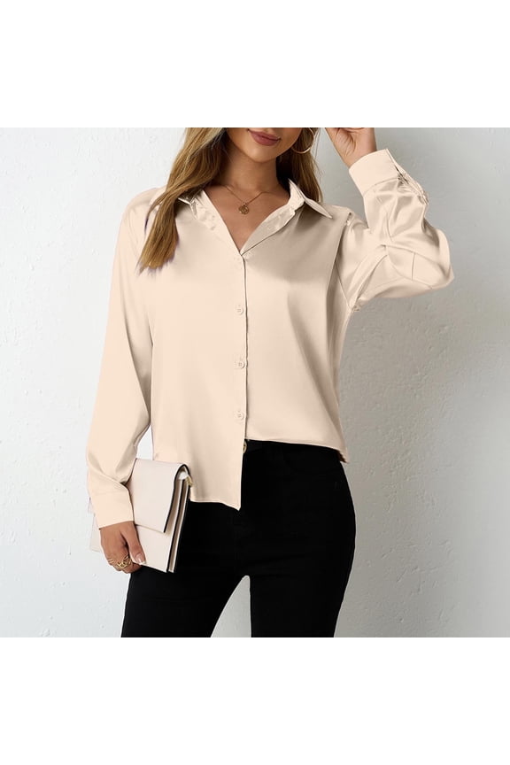 Juslio Womens Blouse Long Sleeve Plus Size Button Down Shirts V Neck Satin Business Work Blouses Tops L