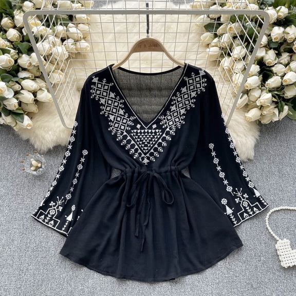 Juslio Womens Blouse Long Sleeve Shirts Plus Size Flowers V Neck Bohemian Style Tops Blouses Black Free Size