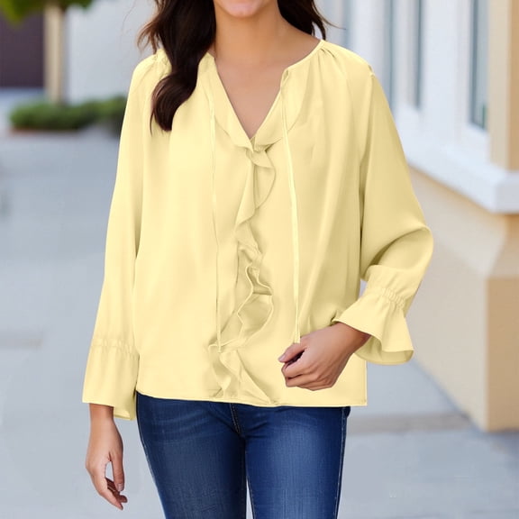 Juslio Womens Blouse Long Sleeve Shirts Plus Size Ruched Casual V Neck Tops Blouses Yellow M