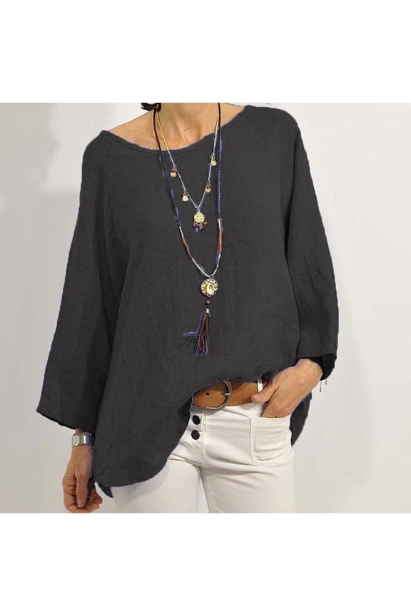 Women Tops Loose Crew Neck Long Sleeve Shirts Linen Pullover Plus Size Blouses Tops