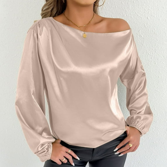 Juslio Womens Blouse Long Sleeve Shirts Plus Size Solid Color V-Neck Casual Blouses Beige L