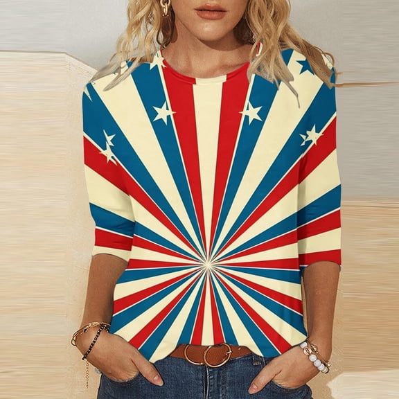 Juslio Womens Blouses 3/4 Sleeve Flowers Tops Crew Neck Casual Blouses Multicolor L