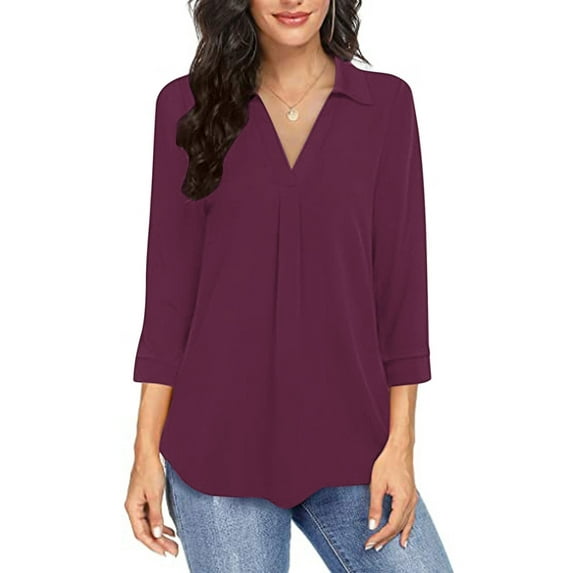 Juslio Womens Blouses 3/4 Sleeve Solid Color V Neck Casual Blouses Red L(US:8)