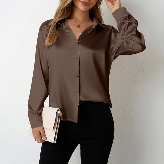 Juslio Womens Blouses Long Sleeve Button Down Shirts Satin V Neck Business Work Blouses Tops L