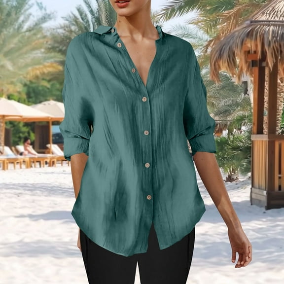 Juslio Womens Blouses Long Sleeve Button V Neck Casual Blouses Green L