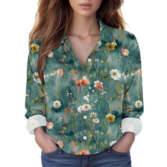 Juslio Womens Blouses Long Sleeve Button Tops V-Neck Casual Blouses Multicolor XXL